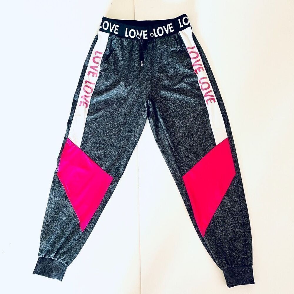 New Look L Marled Grey white black & pink LOVE Graphic Drawstring Sweatpants